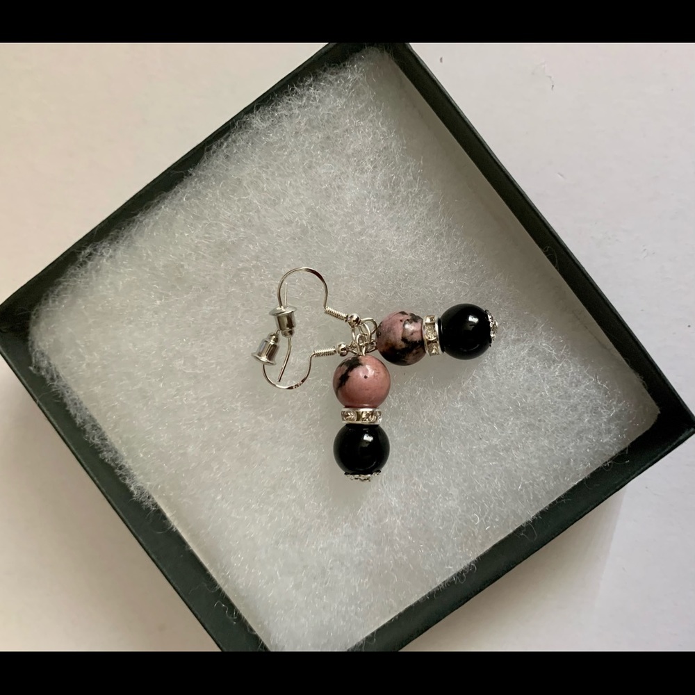 Pink/Black Rhodonite and Black Onyx Drop Earrings